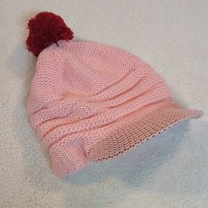 Vintage Pink Knit Winter Hat with Bill And Red Pom-Pom